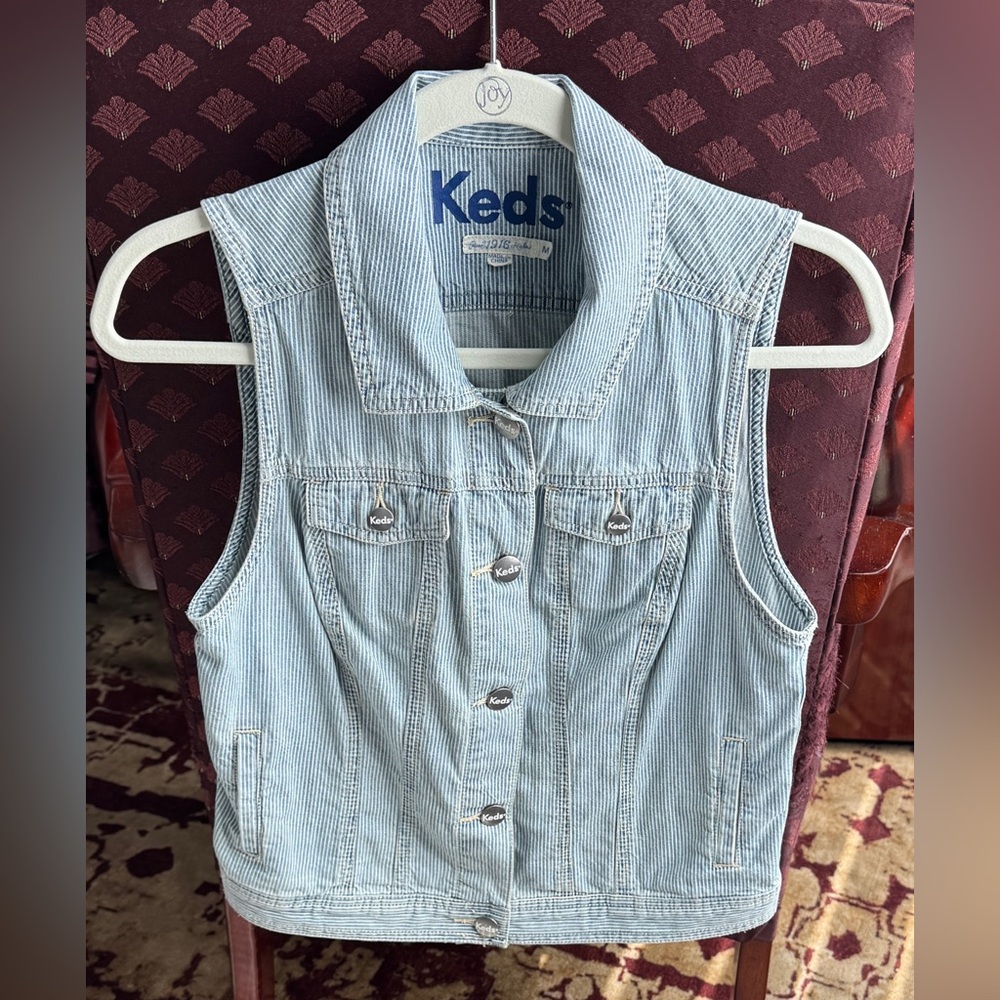 **NEW** - KEDS Light Blue Striped Denim Vest (Medium) - Picture 1 of 7